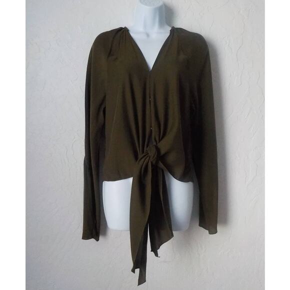 Jordan Louis Green Blouse Top Tie Front Hook Eye Long open Sleeves Fits S/M - Picture 8 of 8